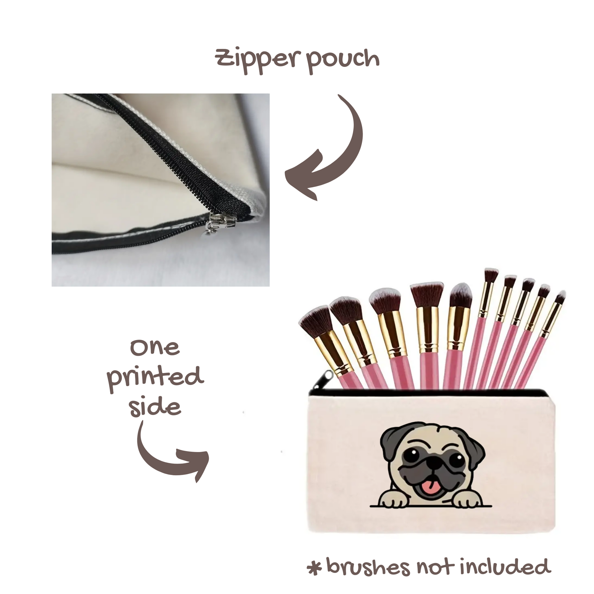 details of zipper make up bag  with a pug design