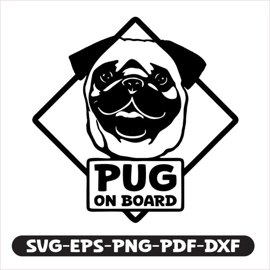  "Pug on Board" cutting file, available in SVG, EPS, PNG, PDF, and DXF formats. Perfect for creating custom decals, shirts, signs, or gifts, it offers crisp, clean lines that make crafting easy and precise. 