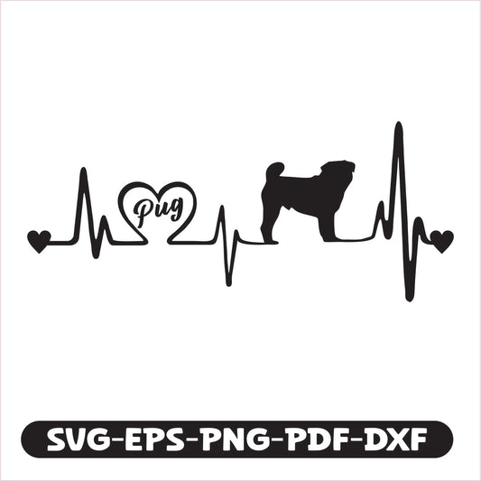 Pug Heartbeat SVG EPS PNG PDF DXF Cutting
