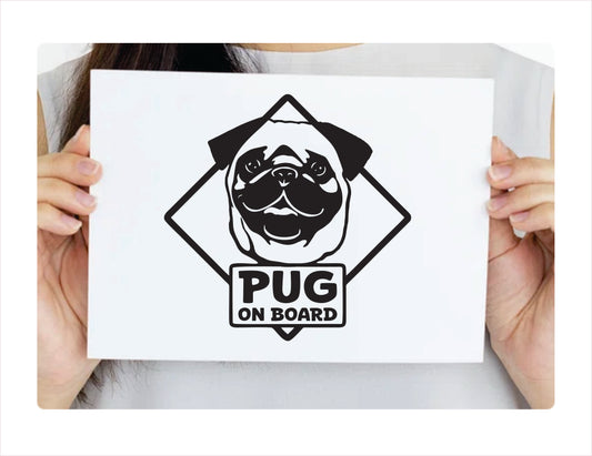 Pug on board Black Vinyl Decal Sticker 