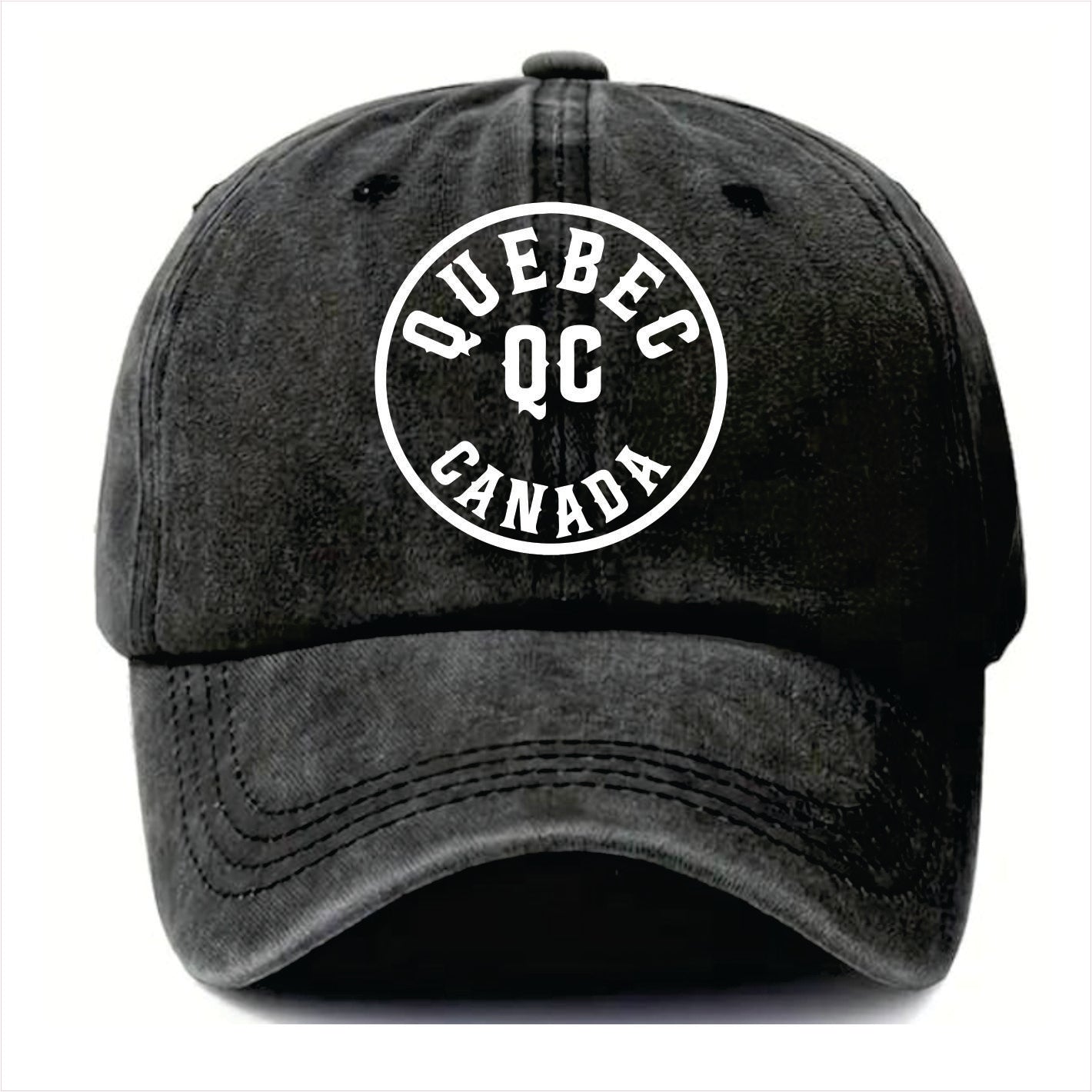 Black cap with 'Quebec Canada' text on a white background