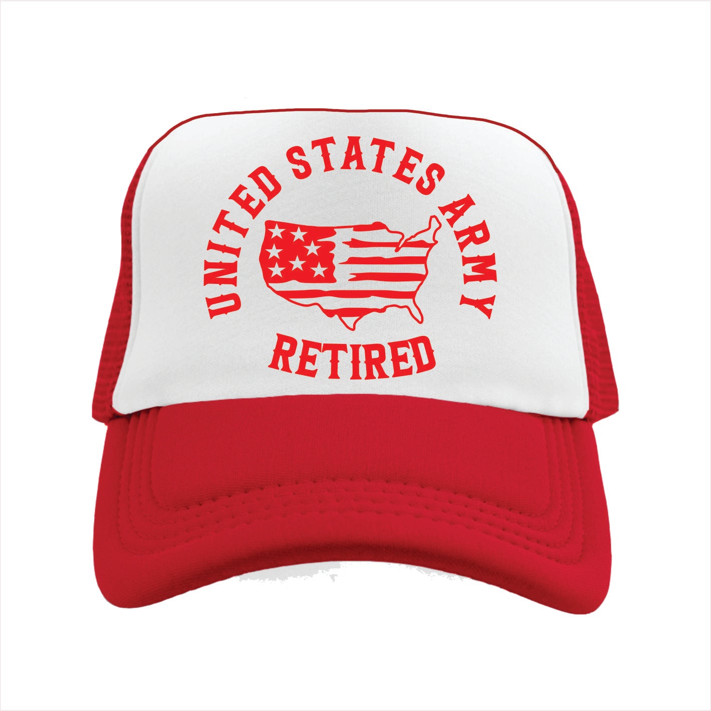 Red and white trucker hat cap with 'United States Army Retired' text on a white background