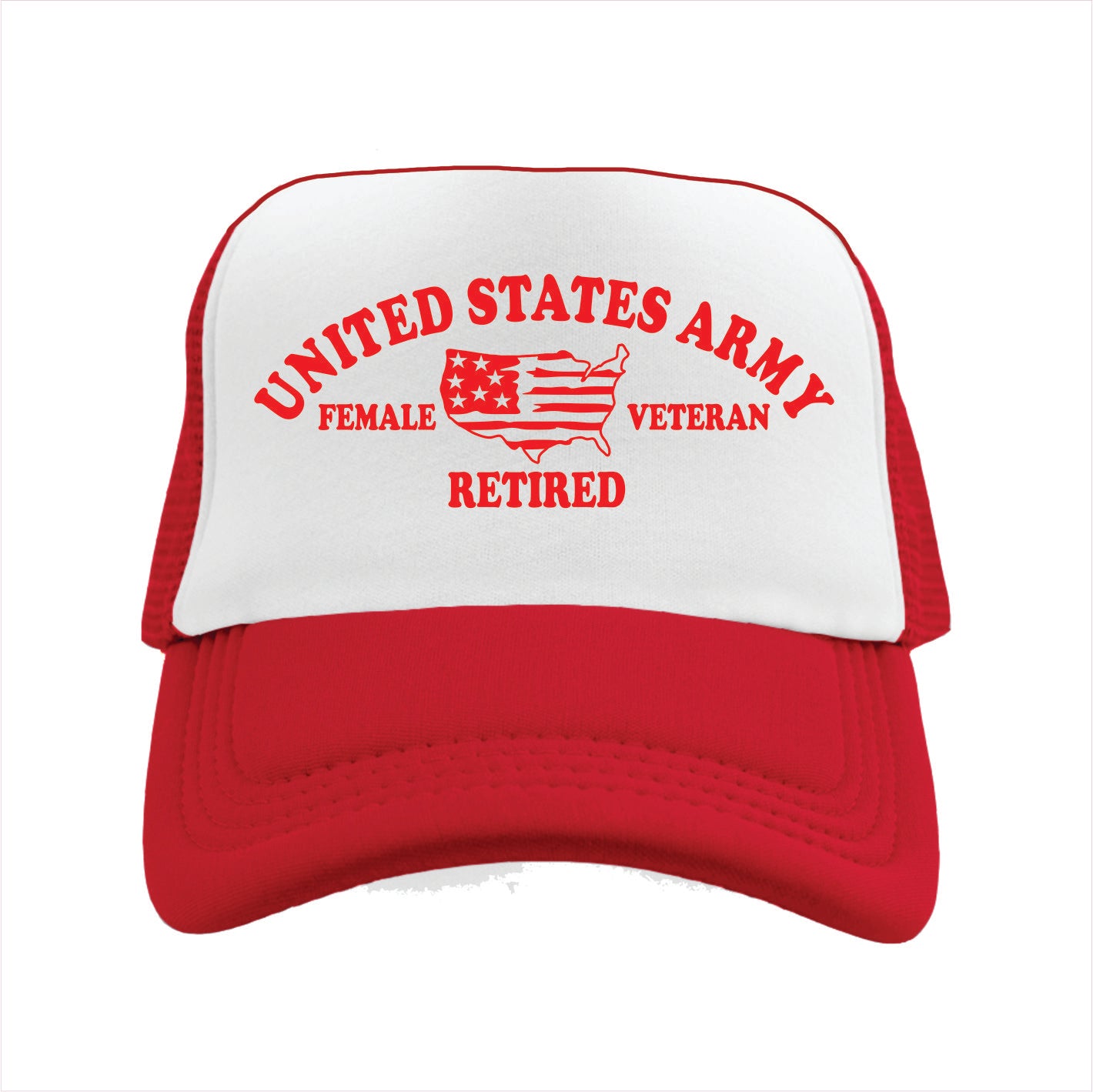 Red and white trucker hat cap with 'United States Army Female Veteran Retired' text on a white background