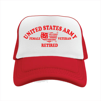 Red and white trucker hat cap with 'United States Army Female Veteran Retired' text on a white background