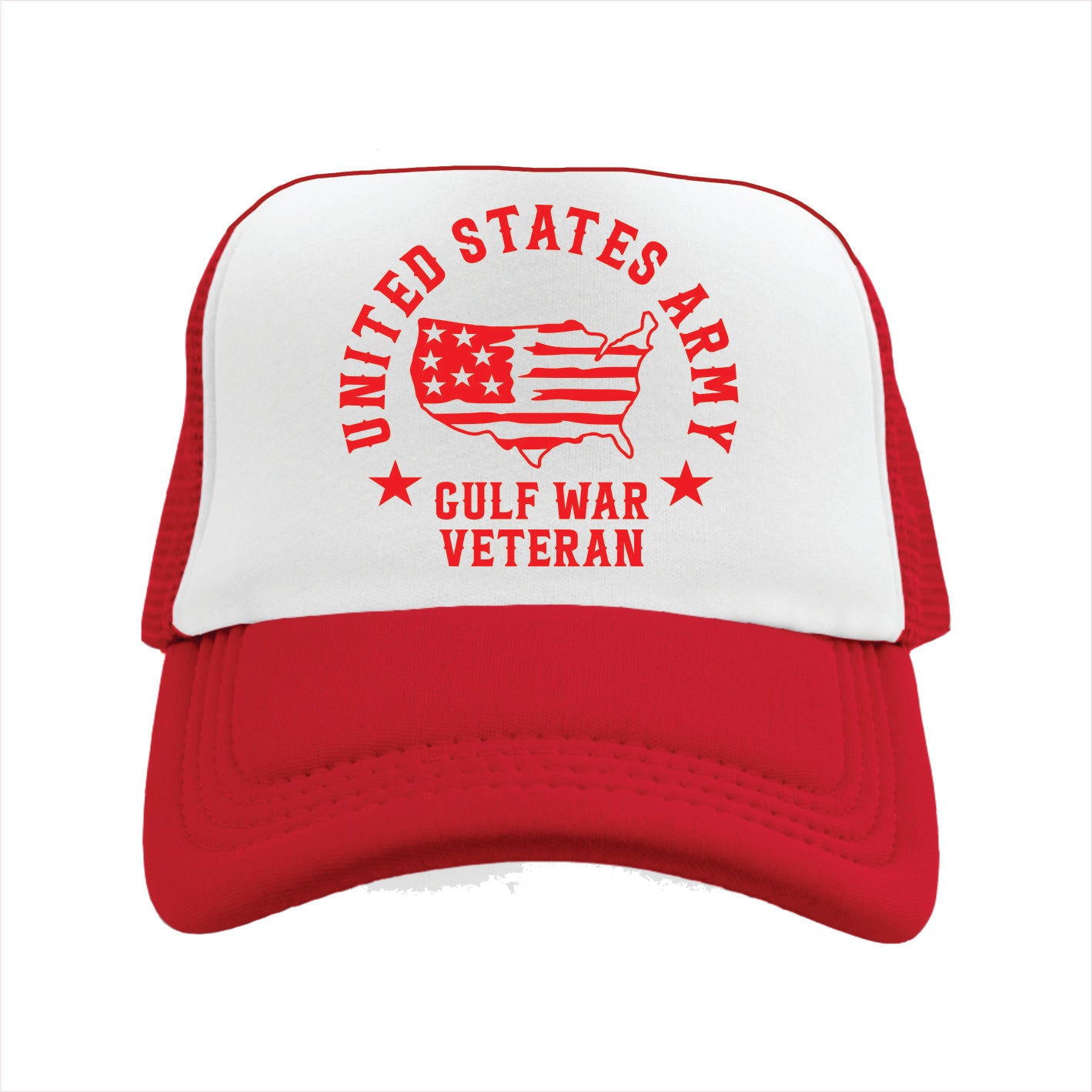 Red and white trucker hat cap with 'United States Army Gulf War Veteran' text and design on a white background