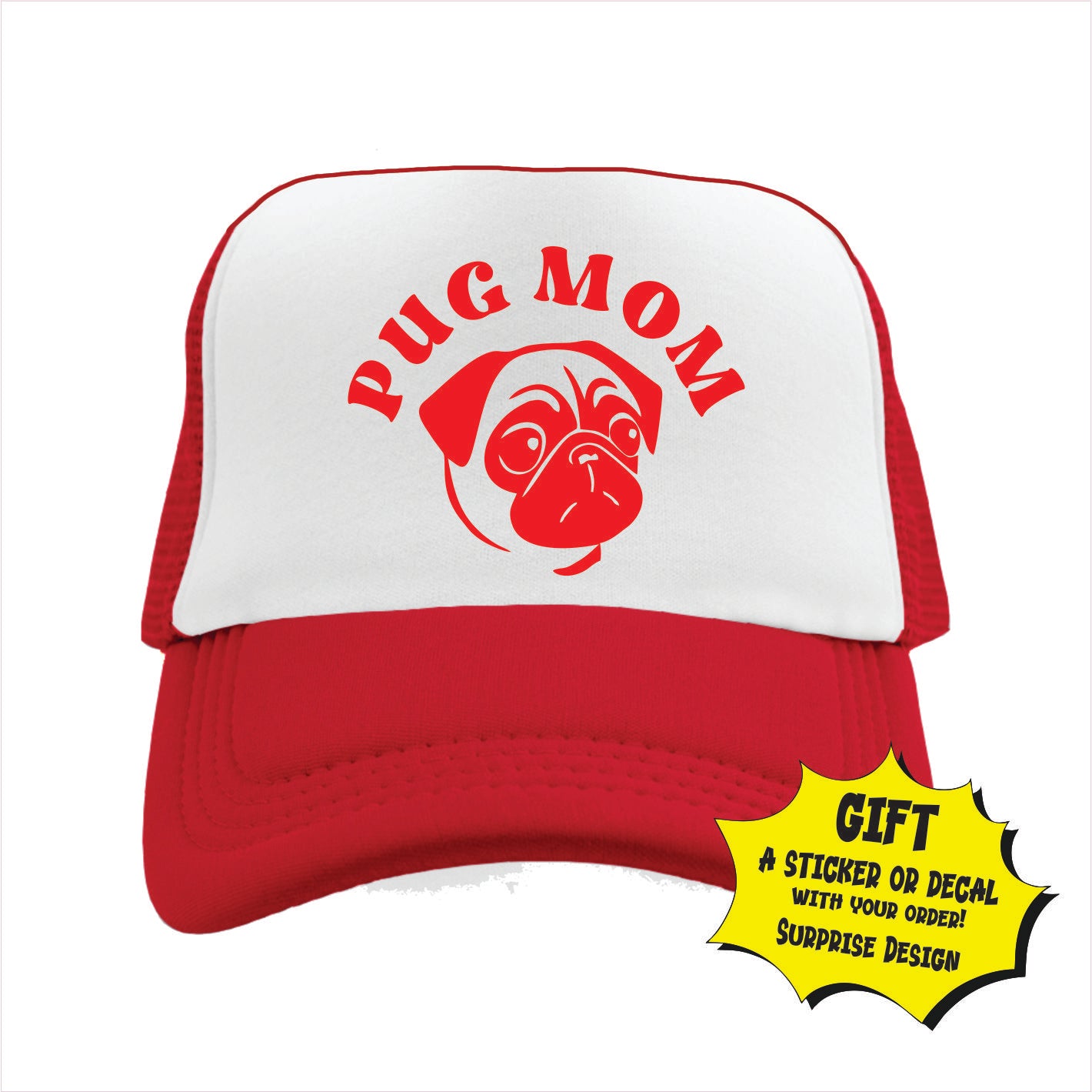 Red and white trucker hat cap with 'Pug Mom' text and pug graphic on a white background
