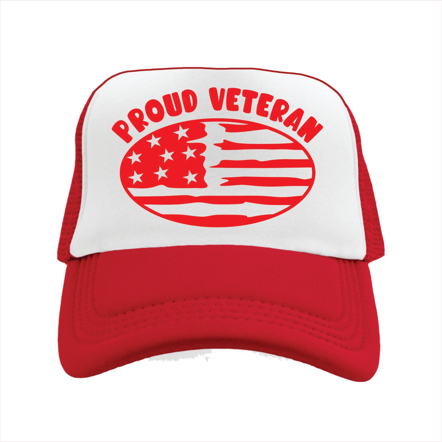 Red and white trucker hat cap with 'Proud Veteran' text and American flag design on a white background