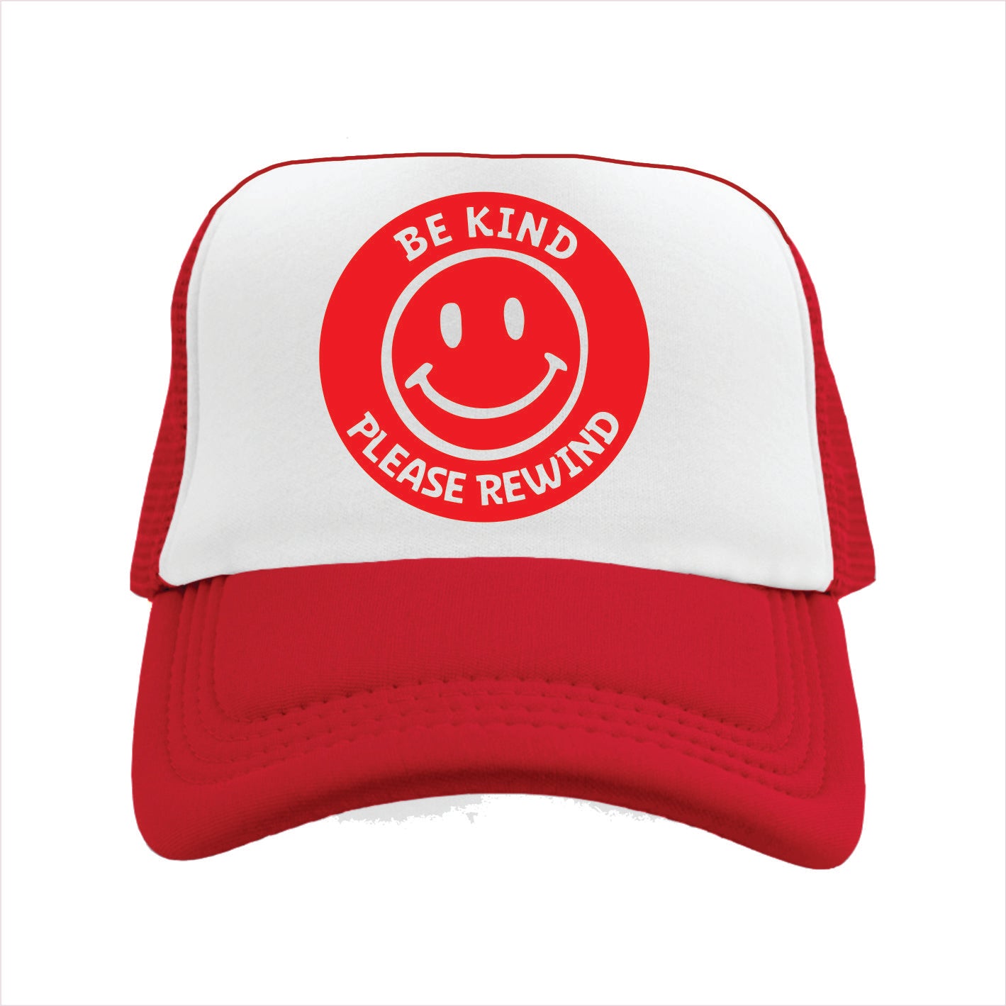 Red and white trucker hat with a round red featuring a smiley face and the text 'BE KIND PLEASE REWIND' on the front.