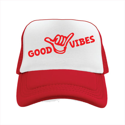 Red and white cap with 'Good Vibes' text on a white background
