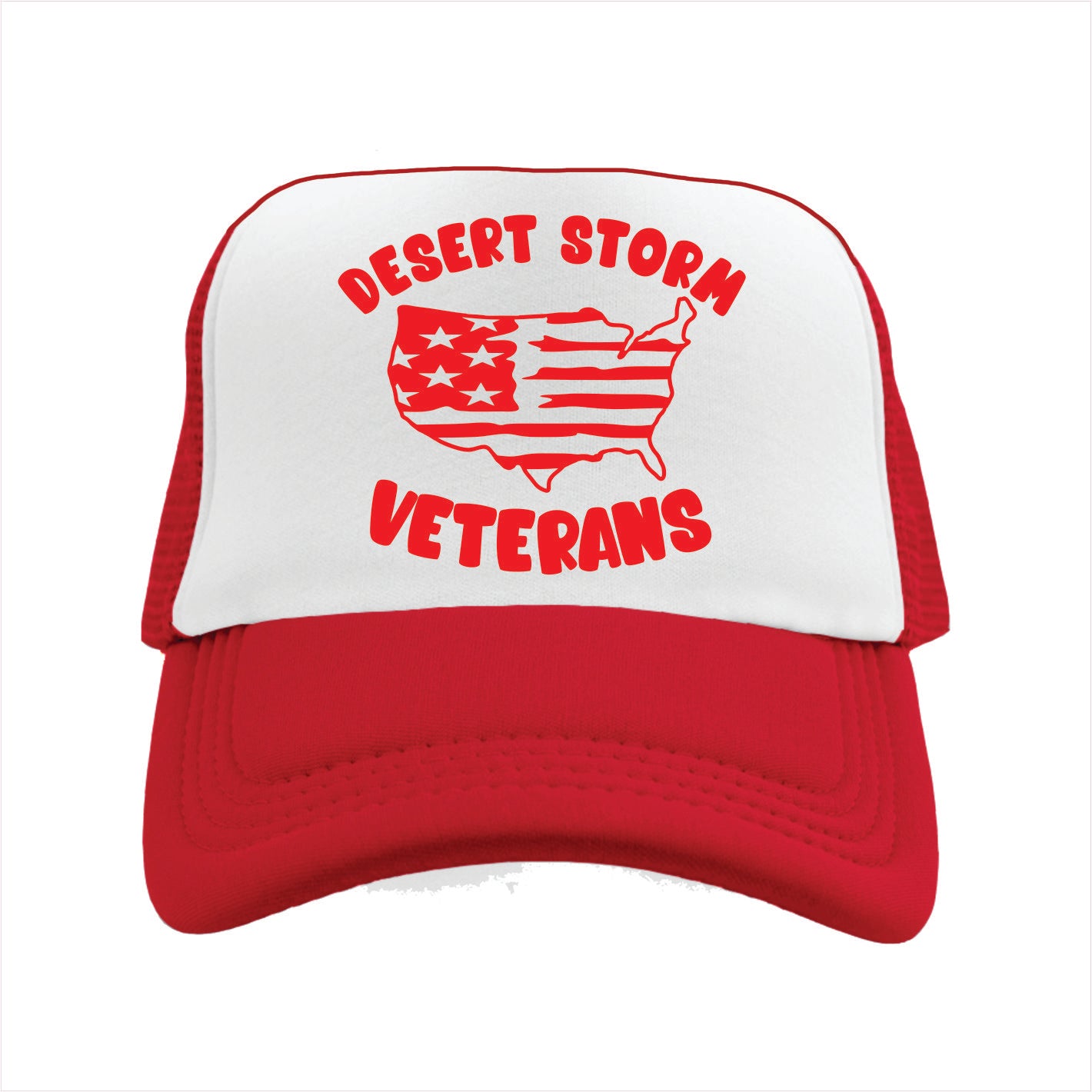 Red and white trucker hat cap with 'Desert Storm Veterans' text and map design on a white background