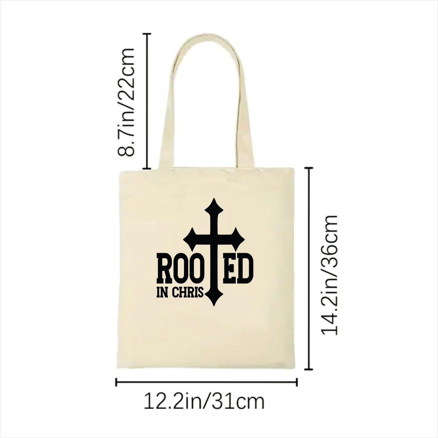 white tote bag with 'Rooted in Chris' text and measurements on a white background