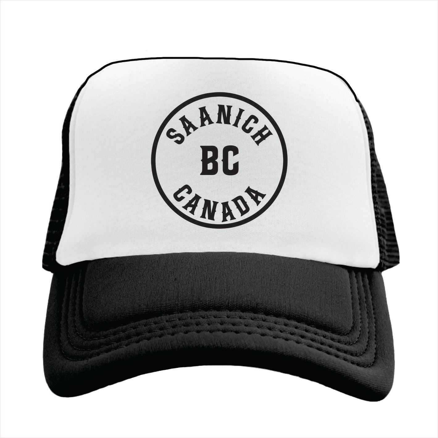 Trucker hat with 'Saanich BC Canada' text on a white background