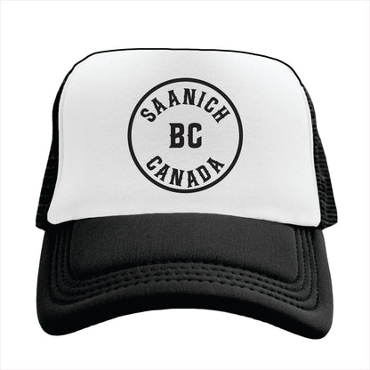 Trucker hat with 'Saanich BC Canada' text on a white background