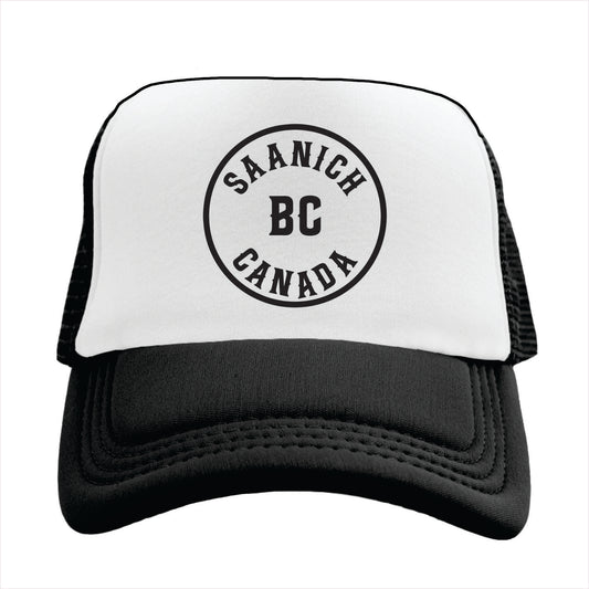 Trucker hat with 'Saanich BC Canada' text on a white background