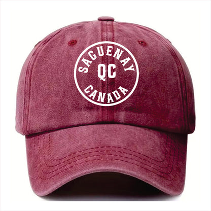 Purple cap with 'Saguenay QC Canada' text on a white background