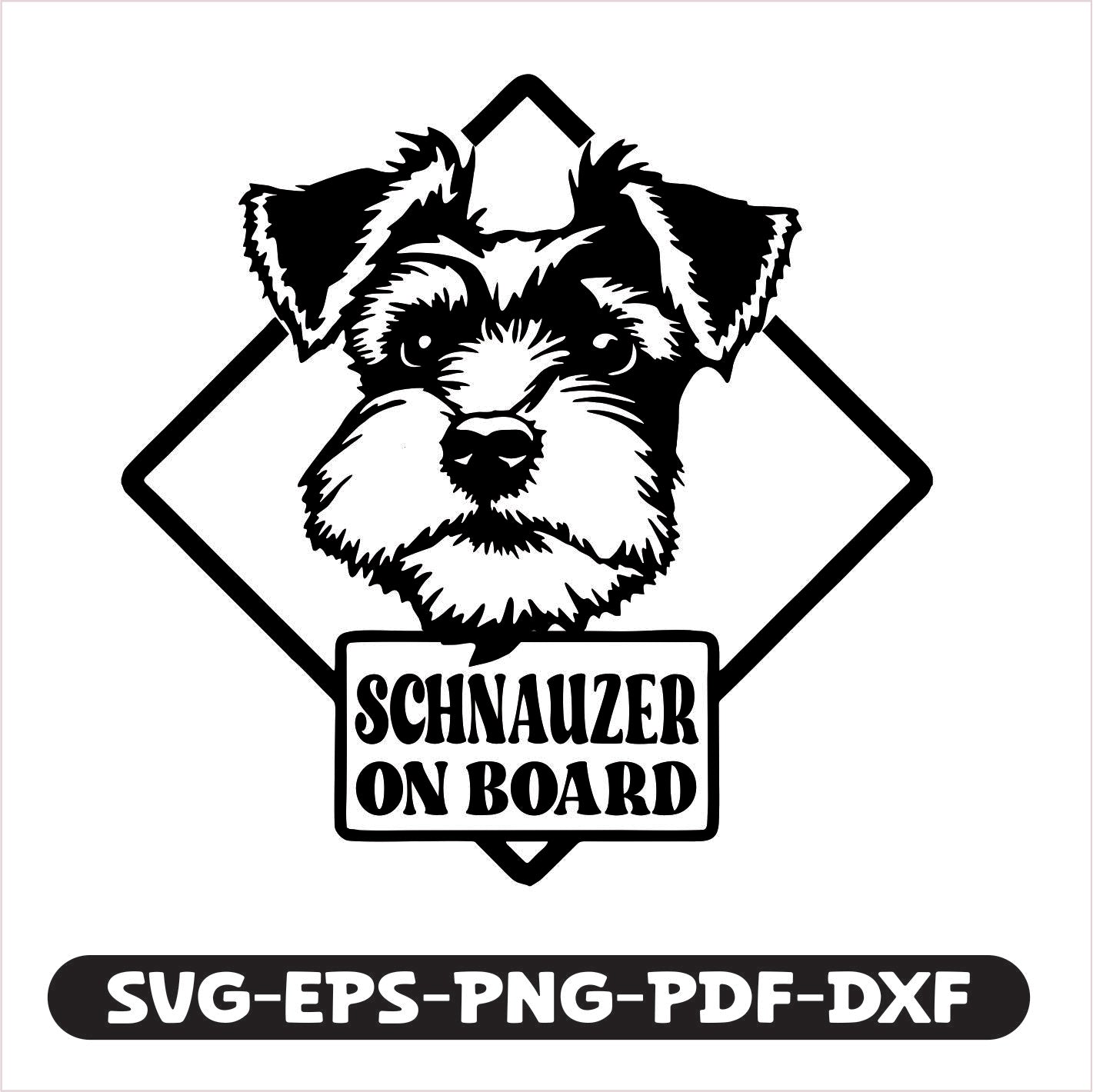 "Schnauzer on Board" cutting file, available in SVG, EPS, PNG, PDF, and DXF formats. Perfect for creating custom decals, car signs, and gifts, it allows easy crafting that stands out.