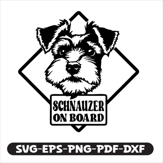 "Schnauzer on Board" cutting file, available in SVG, EPS, PNG, PDF, and DXF formats. Perfect for creating custom decals, car signs, and gifts, it allows easy crafting that stands out.