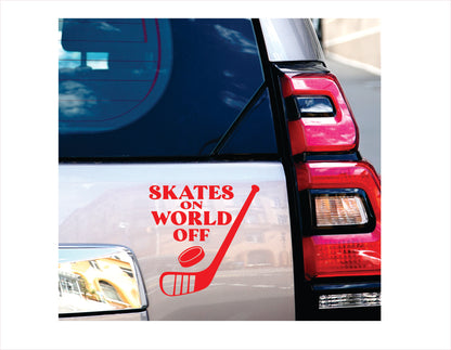 Skates on world off hockey Red Decal Sticker 
