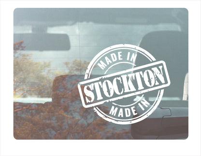 Made in Stockton California USA white decal sticker