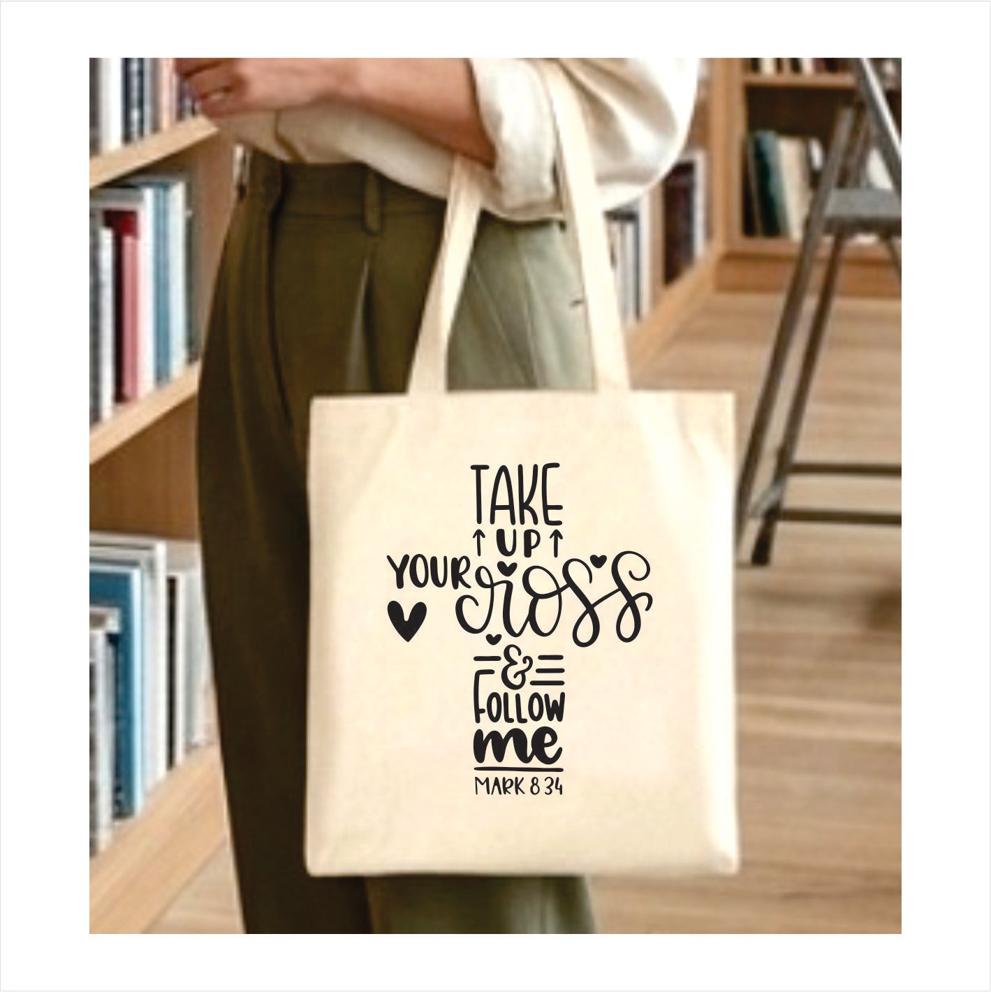 Take up your cross and follow me canvas tote bag 1
