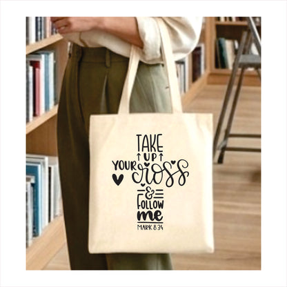 Take up your cross and follow me canvas tote bag 1