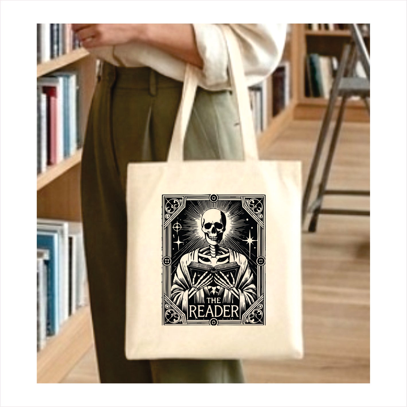 The reader pastor skull tarot tote bag 1