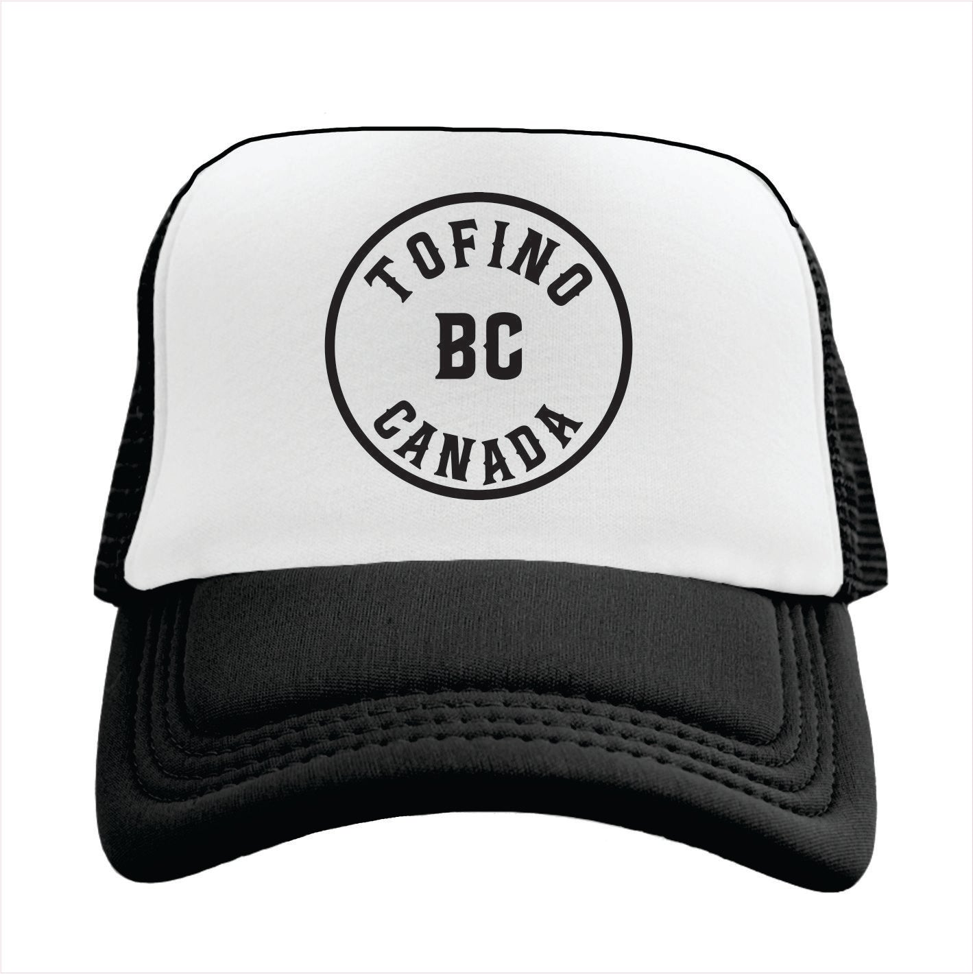 Black and white cap with 'Tofino BC Canada' text on a white background