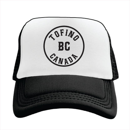 Black and white cap with 'Tofino BC Canada' text on a white background
