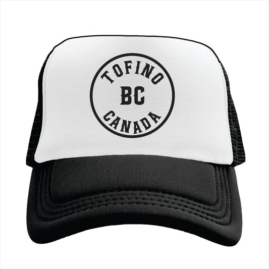 Black and white cap with 'Tofino BC Canada' text on a white background