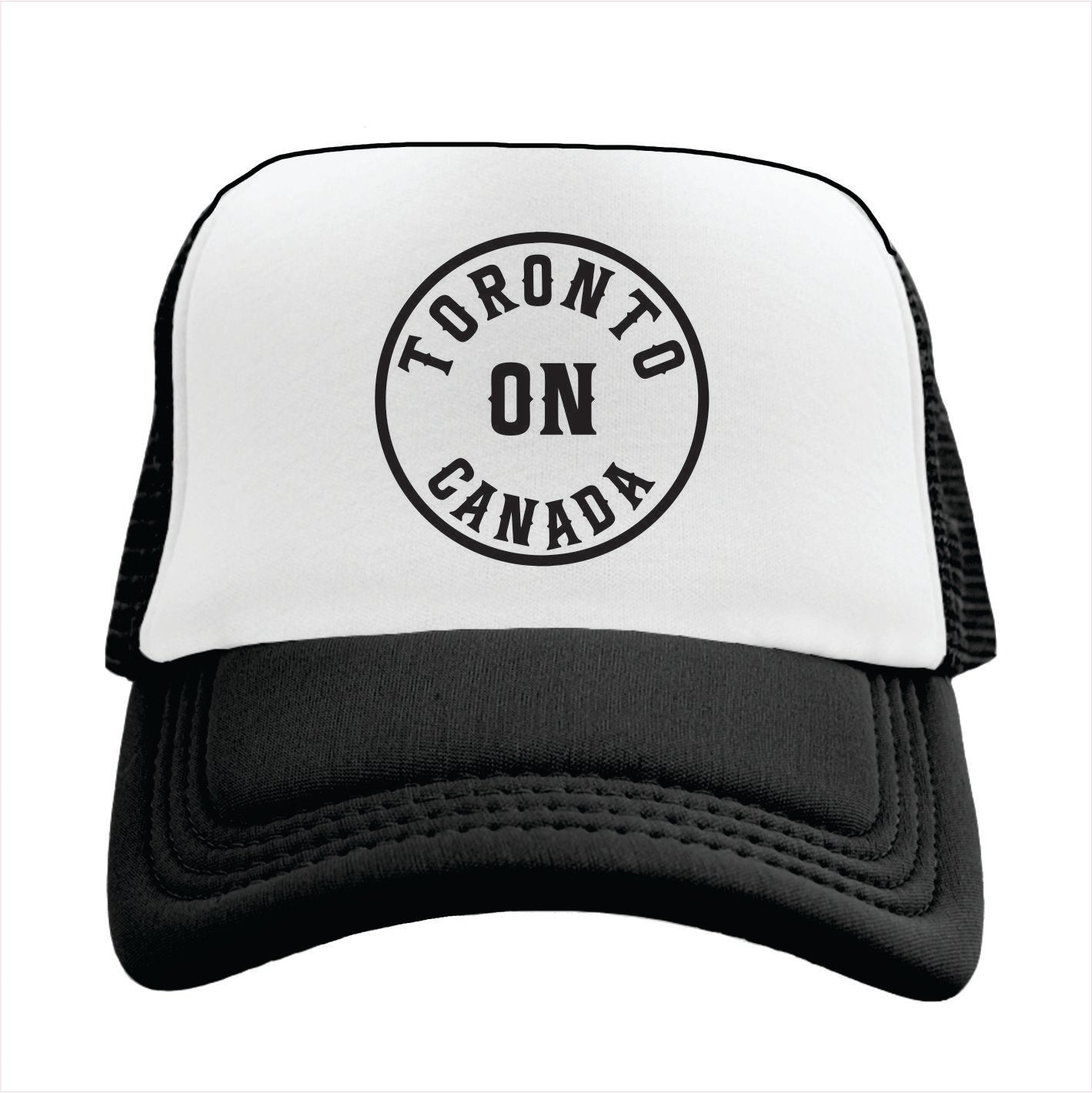 Trucker hat with 'Toronto ON Canada' text on a white background