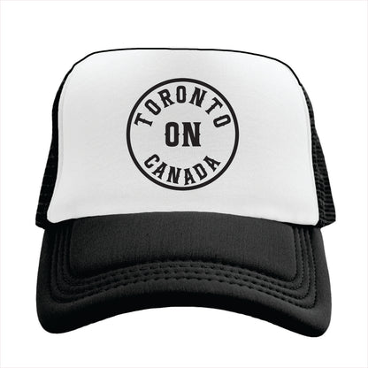 Trucker hat with 'Toronto ON Canada' text on a white background