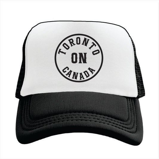 Trucker hat with 'Toronto ON Canada' text on a white background