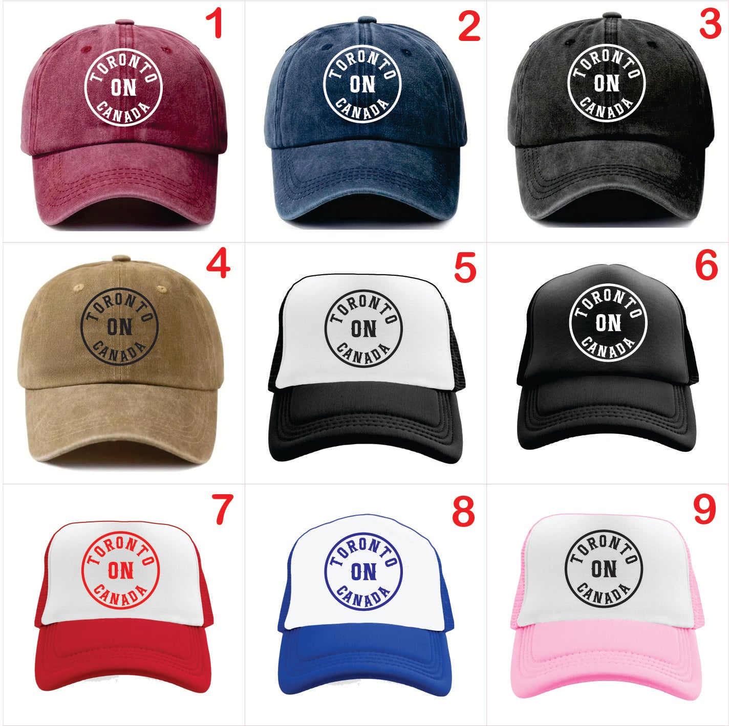 Nine different hats with 'Toronto ON Canada' text in various colors on a white background.