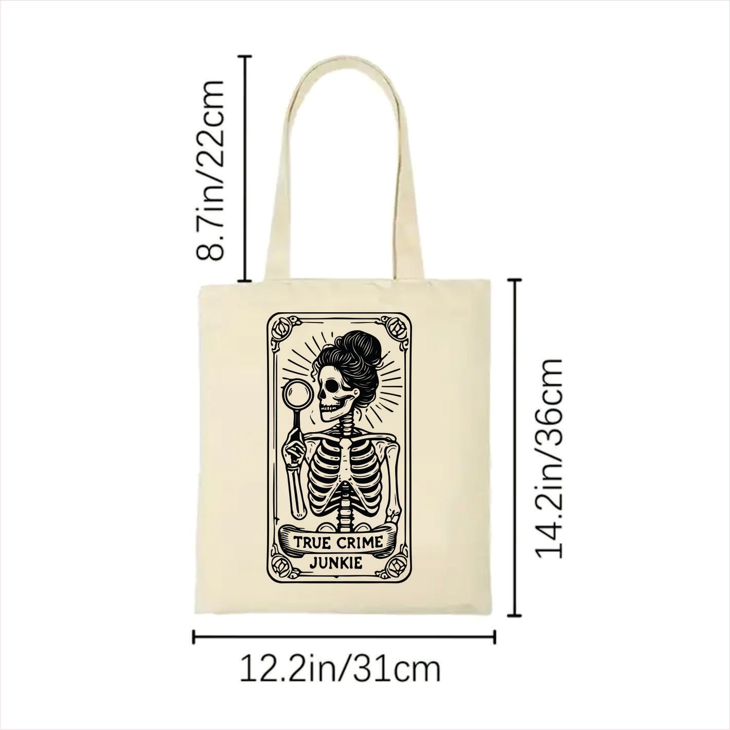 The true crime junkie skull gothic tote bag 2