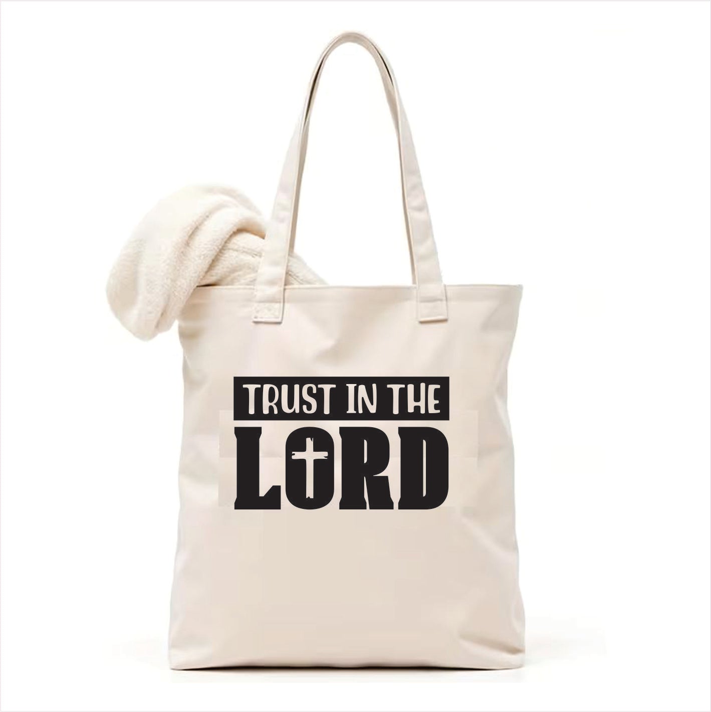 white tote bag with 'Trust in the Lord' text on a white background