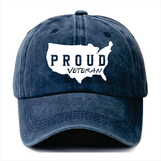 Blue cap with 'PROUD VETERAN' text and USA map design on a white background