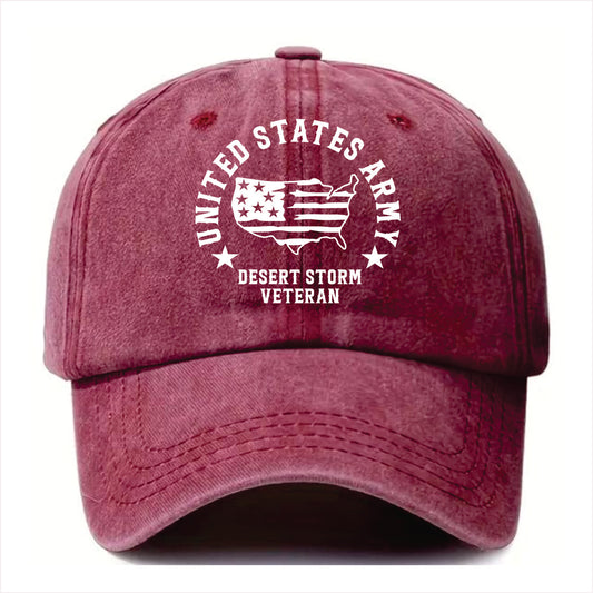 Burgundy cap with 'United States Army Desert Storm Veteran' text and logo on a white background