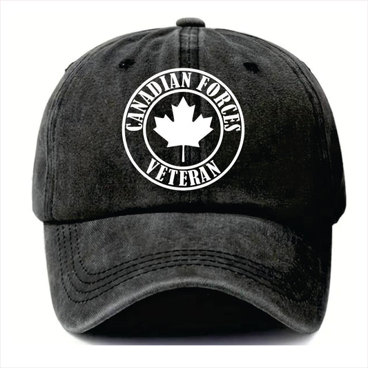 Black cap with 'Canadian Forces Veteran' and maple leaf design on a white background