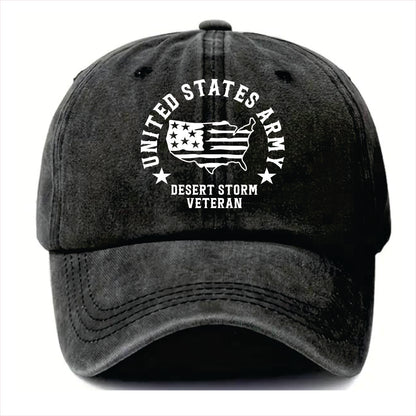 Black cap with 'United States Army Desert Storm Veteran' text and logo on a white background