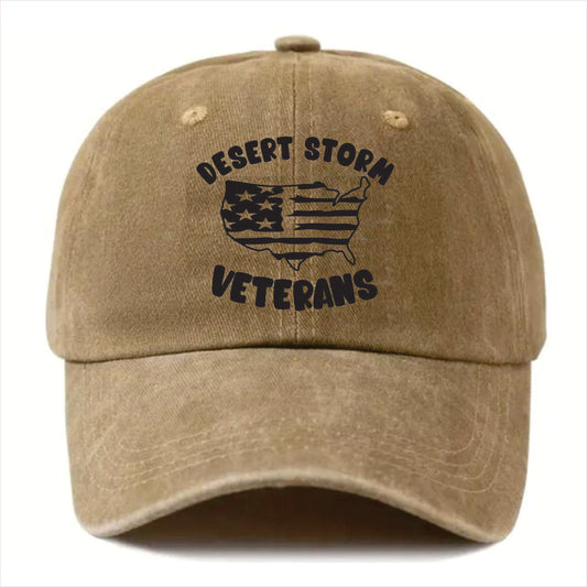 Khaki cap with 'Desert Storm Veterans' text and flag design on a white background