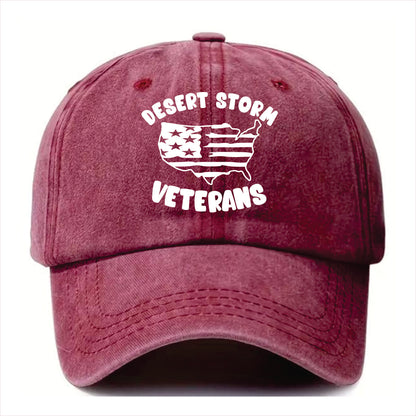 Burgundy cap with 'Desert Storm Veterans' text and American flag design on a white background