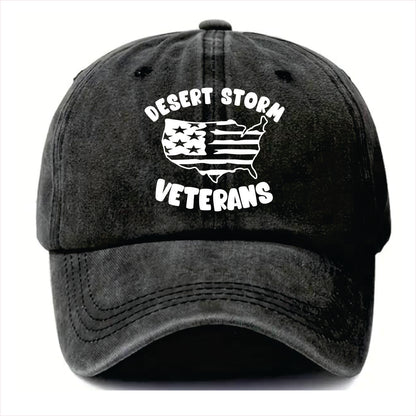 Black cap with 'Desert Storm Veterans' text and American flag design on a white background