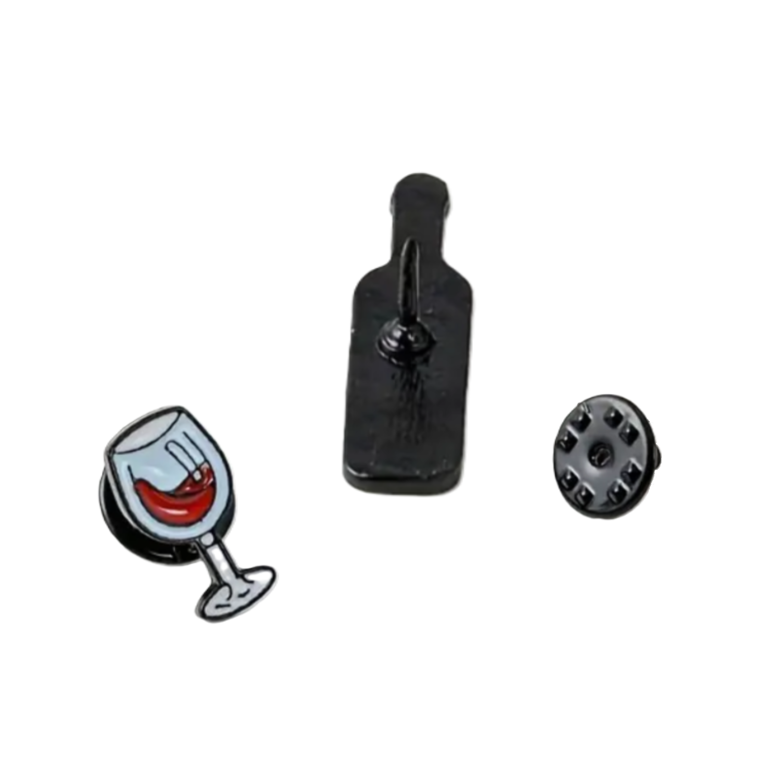 2 enamel pins, front of a glass of wine and back of a wine bottle, and a rubber clasp