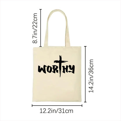 white tote bag with 'Worthy' text and measurements on a white background