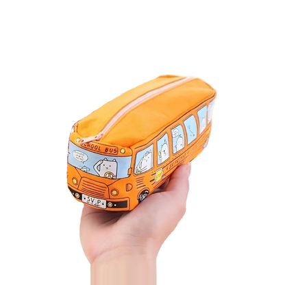 a hand holding the pencil case with School bus design