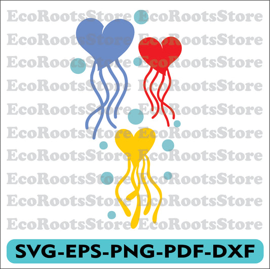 Jellyfish Hearts Ocean Sea SVG EPS PNG PDF DXF Cutting File